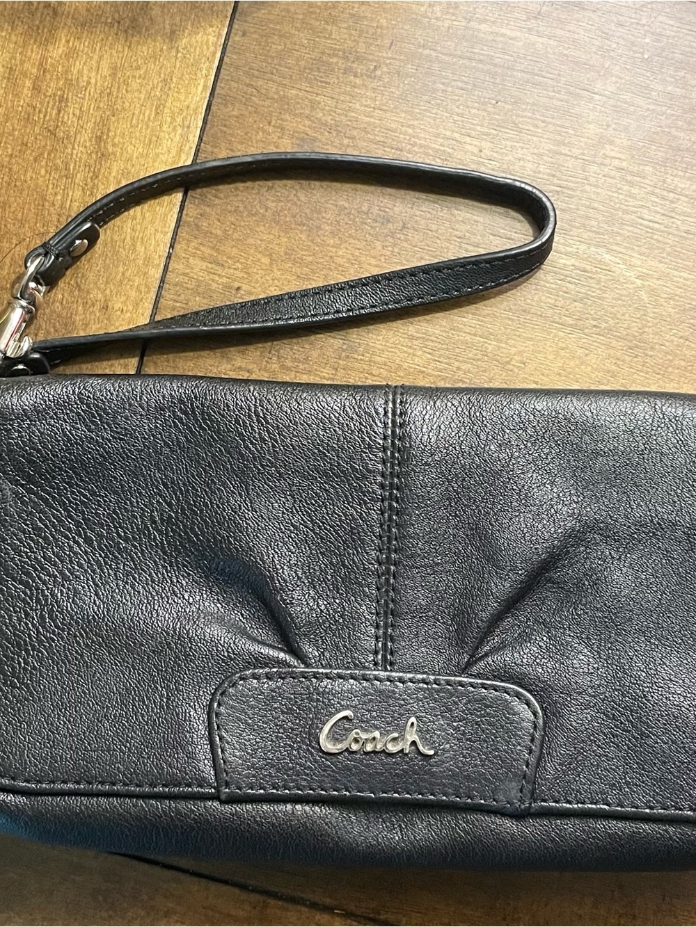 Coach Black Leather Wristlet Clutch with Silver Logo